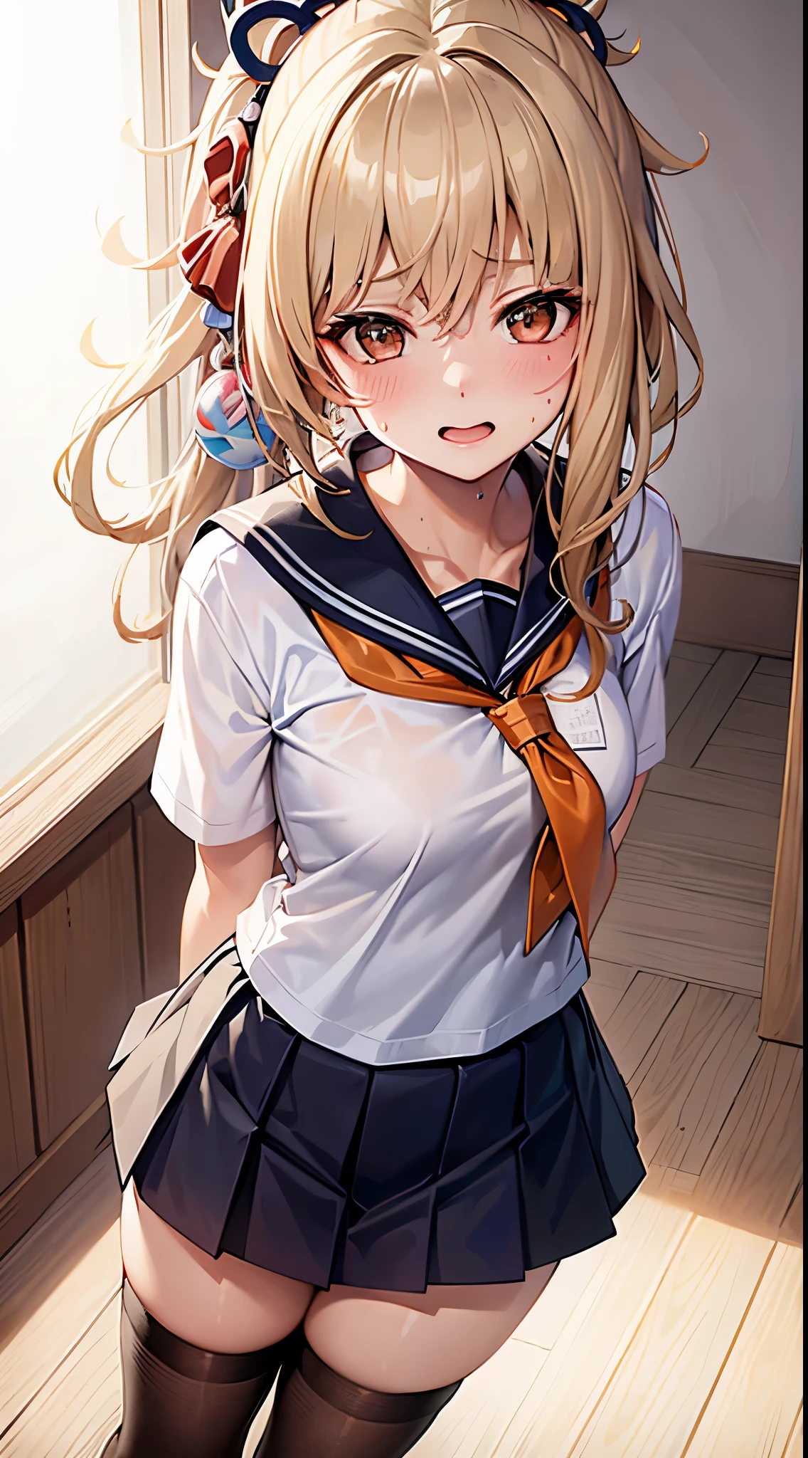 solo, 1girl, medium breasts, sailor suite, serafuku, school uniform, pleated skirt, (white kneehighs), shy, blush, full of sweat, wearing sweat, endured face, wet, sweat, classroom, hight resolution, top-quality, ultra-quality, The ultra-detailliert, extremely details CG, detailed portrait, beautiful detailed eyes, delicate skin texture, slight makeup, teary eyes, subtle blush on cheeks, overwhelmed emotions, gentle sweat droplets on forehead, lighting like a movie, vibrant colors, high contrast, intimate lighting, soft lighting