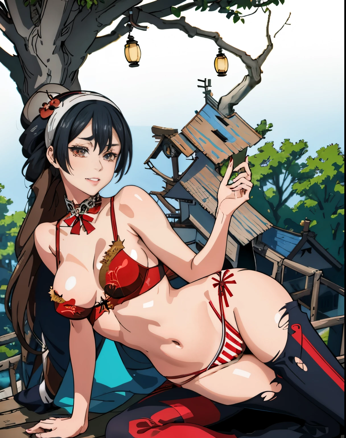 (masutepiece, Best Quality, extremely details CG, Beautiful detailed eyes, Ultra-detailed, Intricate details:1.2), 8K Wallpaper, elaborate features,
(1girl in, Solo:1.4),
(lifelike textures:0.8), hight resolution, Cute, (Vibrant colors, Dynamic lighting:1.0), (High contrast:0.8),
(Shot hair, light brown hair:1.3), (medium breasts:1.4), (hand on the breasts:1.0), (close-up:1.2),
,, Red kimono, torn,
leggins, Lace-trimmed bra, torn dress,
(grin:1.0),
(,:0.5),
(Open jacket:0.5),
Standing on one leg, striped background, (Tree House:1.6), smug, Side focusless pants:1.4), (Not fixed:1.1),
(prostitution, Ahegao:0.9), ass grab,
(,:1.4), (NSFW:1.15),
Confident expression, (fullllbody:1.1),