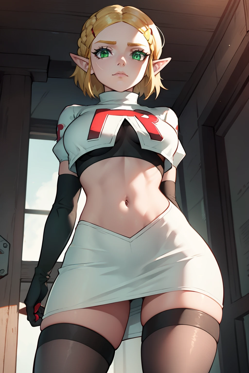 Zelda, green eyes, short hair ,team rocket,team rocket uniform, red letter R, white skirt,white crop top,black thigh-high boots ,black elbow gloves, sinister villianess look, looking down on viewer, arms behind back