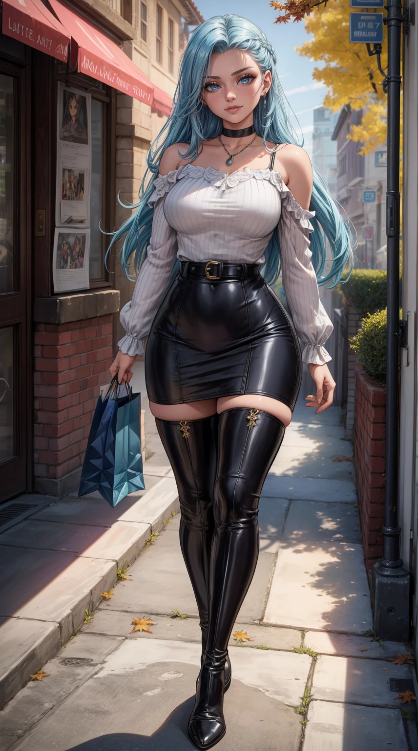 Masterpiece, beautiful art, 8k, art style by sciamano240, very detailed face, detailed hair, detailed clothes, detailed fabric, 1girl, beautiful face, long hair, light blue hair , model head shot, facing camera, very detailed blue cat eyes, sultry smile, wearing classy fall clothes, black dior thigh boots, black pencil skirt, walking , out shopping, necklace, chocker, rosey cheeks, sunny fall setting, full body view, photorealistic, indirect lighting, volumetric light, ray tracing, hyper-detailed, best quality, ultra-high resolution, HDR, (8k, Best Quality, Masterpiece:1.2), Ultra Detail, RAW Photo, Super Resolution, Professional Photo, Extremely Detailed and Beautiful,