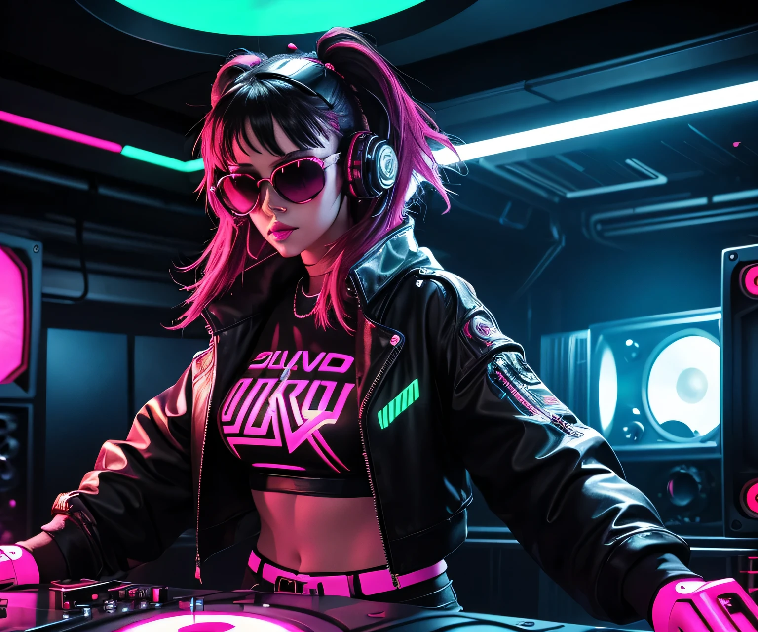 "Cyberpunk DJ girl with cool head set, front view ,cool open jacket and crop top shirt, rocking sun glasses, two big LED glowing loudspeakers on each side, immersed in a red neon-lit environment, vinyl record on turntable with music mixer and turntable in front of her, exuding an electrifying disco vibe in a futuristic night club."