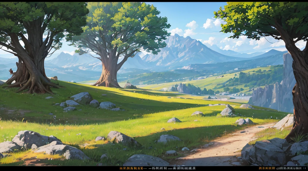 Land with a moderate mix of soil and grass, The direction of the road is from the left side of the screen to the right side of the screen., (((At the top half of the screen are small densely packed trees and rocks.))), Small rocks, Distant view behind the trees, mountains, The dark hour after sunset, At night when the bluish light is flowing, The size of the tree is small and it has a lot of curves, View from a height of about 3 meters,