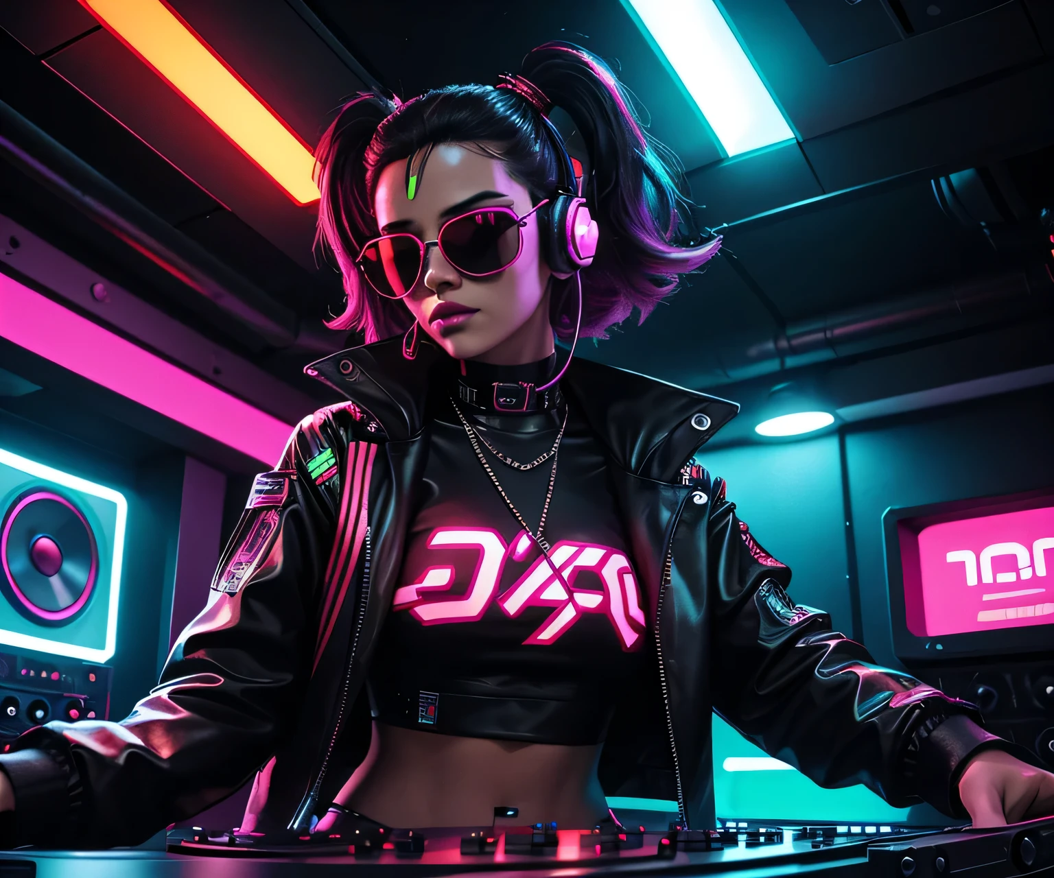 "Cyberpunk DJ girl with cool head set, front view ,cool open jacket and crop top shirt, rocking sun glasses, two big LED glowing loudspeakers on each side, immersed in a red neon-lit environment, vinyl record on turntable with music mixer and turntable in front of her, exuding an electrifying disco vibe in a futuristic night club."
