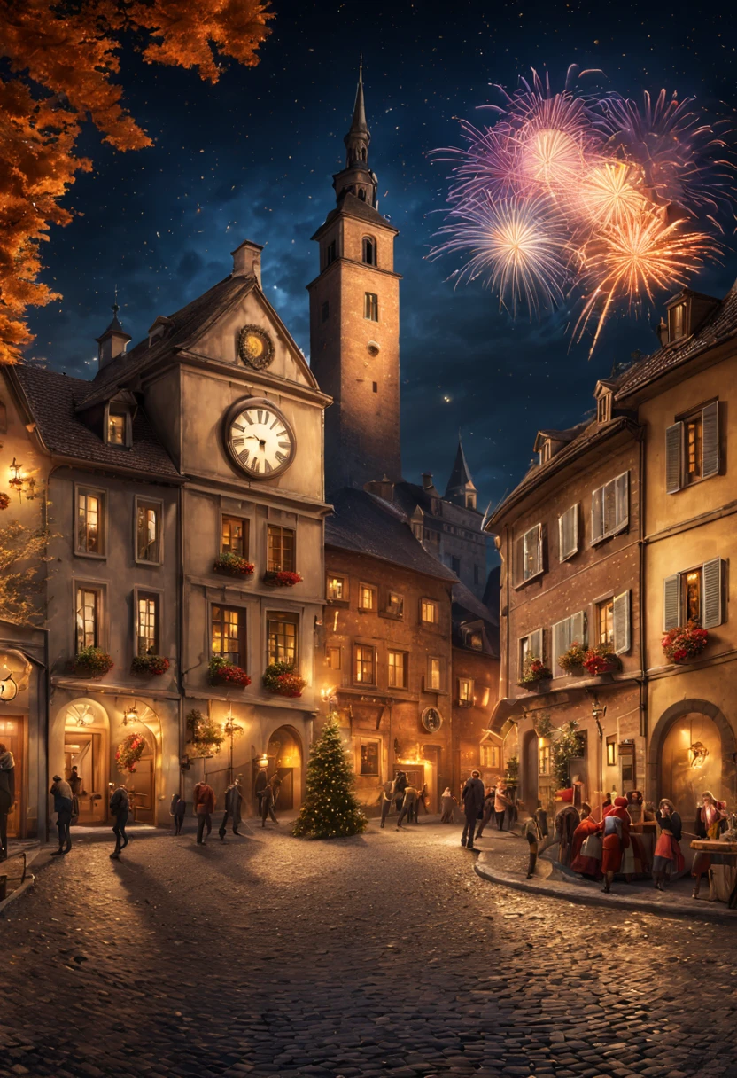 New Year's Eve celebration in a quaint European village square, fireworks bursting in starry sky, cobblestone streets, revelers in festive attire, ancient clock tower striking midnight, (warm glowing lights:1.2) (vibrant colors) (high detail) (photorealistic) (wide angle)