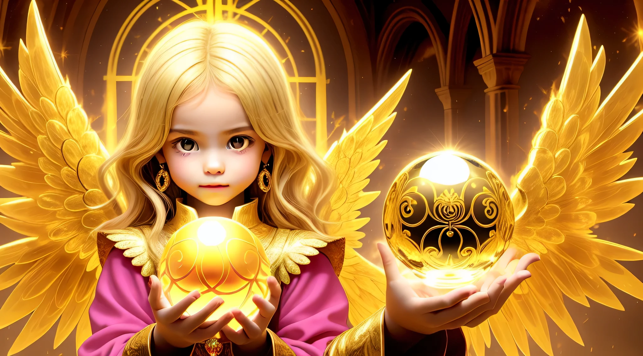 BLONDE CHILDREN GOLDEN ANGEL GIRL with a burning crystal ball in her hand. fundo vermelho