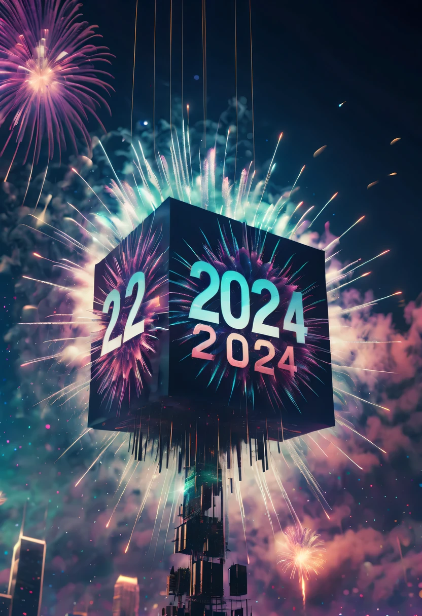 Dubrec style,Cybernetic clock appears in the sky.The prospect of fireworks on new year’s Eve 2024,Gorgeous fireworks,(Multiple exposure 1.8),(Digital signage,2024:1.5),technology city,artificial intelligence neuron,network matrix,new year'Eve Visual Poster,Intricate poster in surreal art style,Surreal Dream new year Poster,Surreal Sci-fi new year'dream poster
