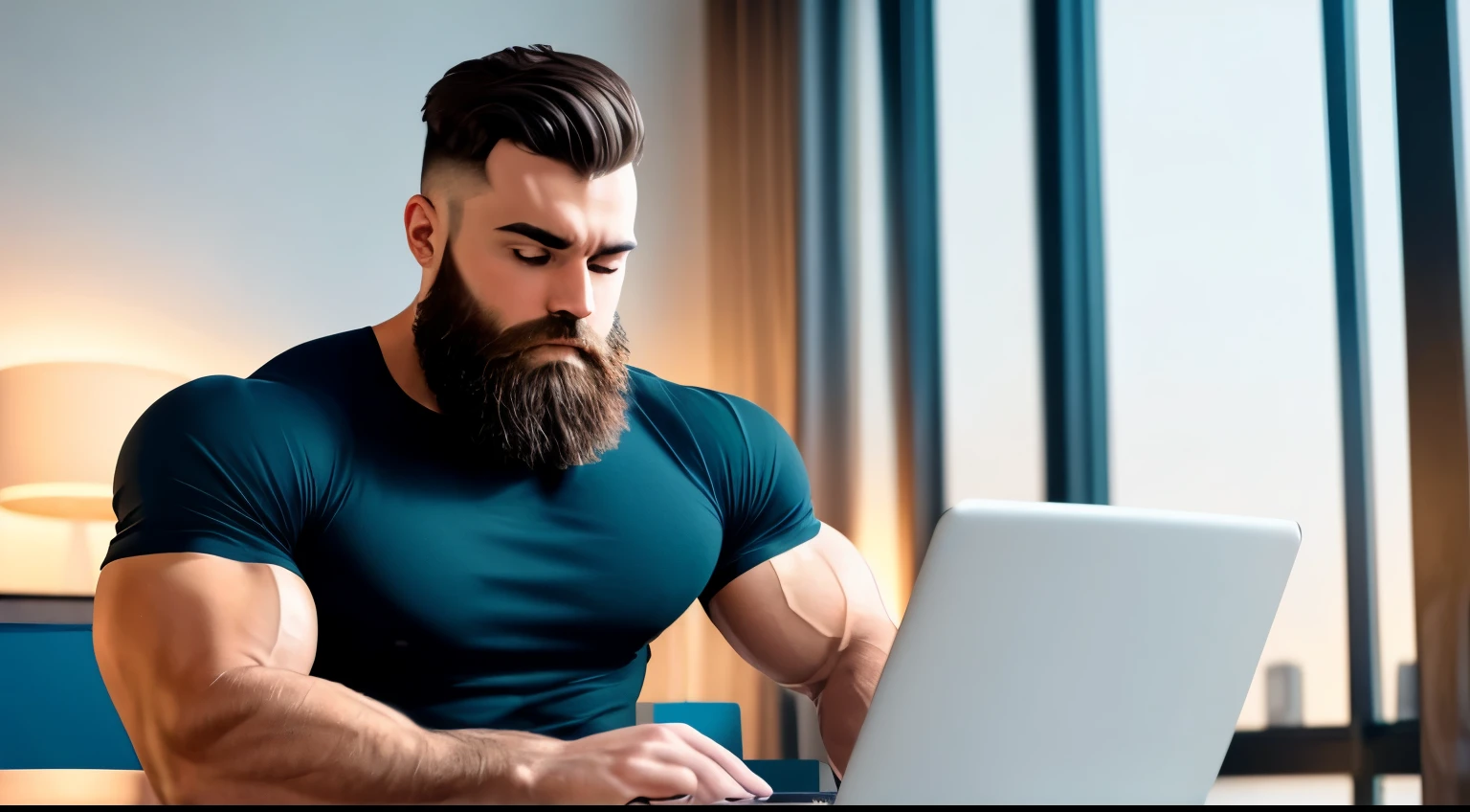a very muscular man sitting in front of his laptop typing, beard, muscles, masterpiece, epic, best quality, 8k, wide shoulders, short hair, dark tones, modern apartment, gray tshirt, modern desk with black marble, blue led lights,