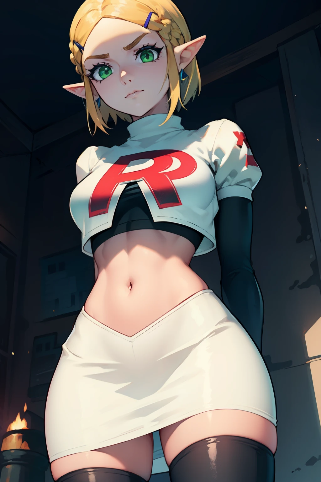 Zelda, green eyes, short hair ,team rocket,team rocket uniform, red letter R, white skirt,white crop top,black thigh-high boots ,black elbow gloves, sinister villianess look, looking down on viewer, arms behind back