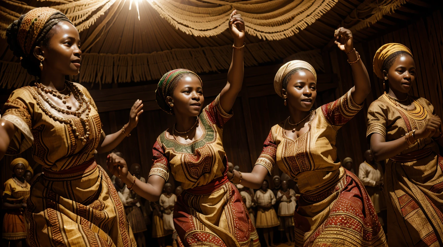 Ultra-realistic photograph of African Villagers dancing in communion, they are wearing Traditional attire with beautiful patterns. Cinematic lighting, perfect textures, realistic face quality