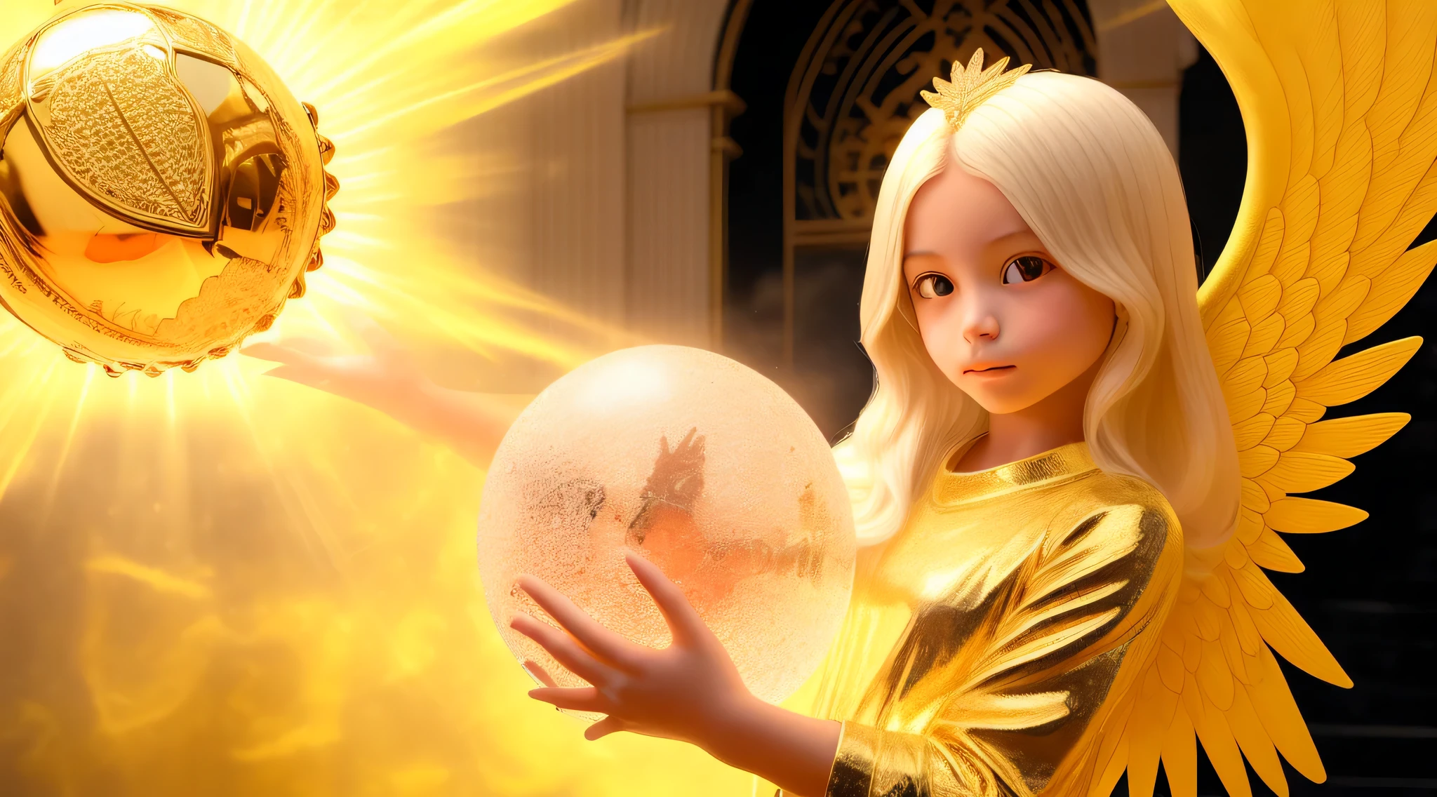 BLONDE CHILDREN GOLDEN ANGEL GIRL with a burning crystal ball in her hand. fundo vermelho