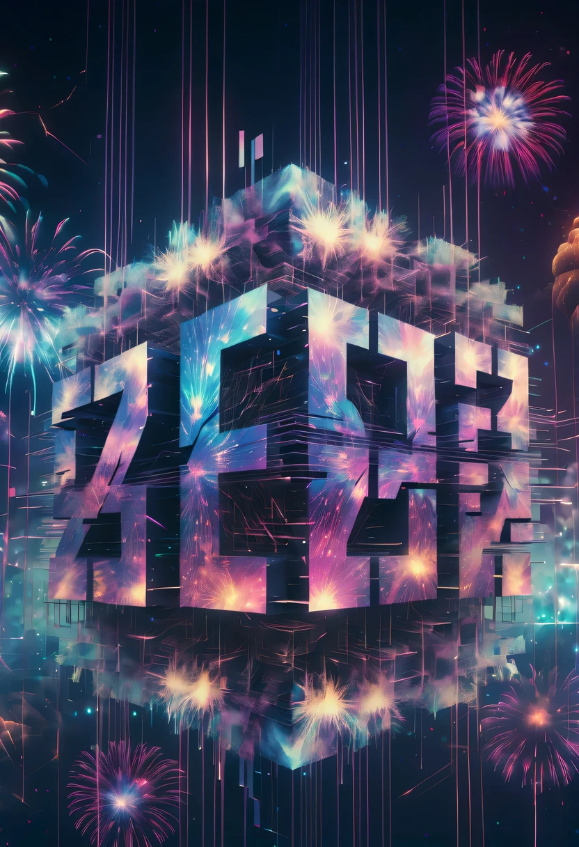 Dubrec style,Cybernetics appear in the sky.The prospect of fireworks on new year’s Eve 2024,Gorgeous fireworks,(Multiple exposure 1.8),(Digital signage,2024:1.5),technology city,artificial intelligence neuron,network matrix,new year'Eve Visual Poster,Intricate poster in surreal art style,Surreal Dream new year Poster,Surreal Sci-fi new year'dream poster
