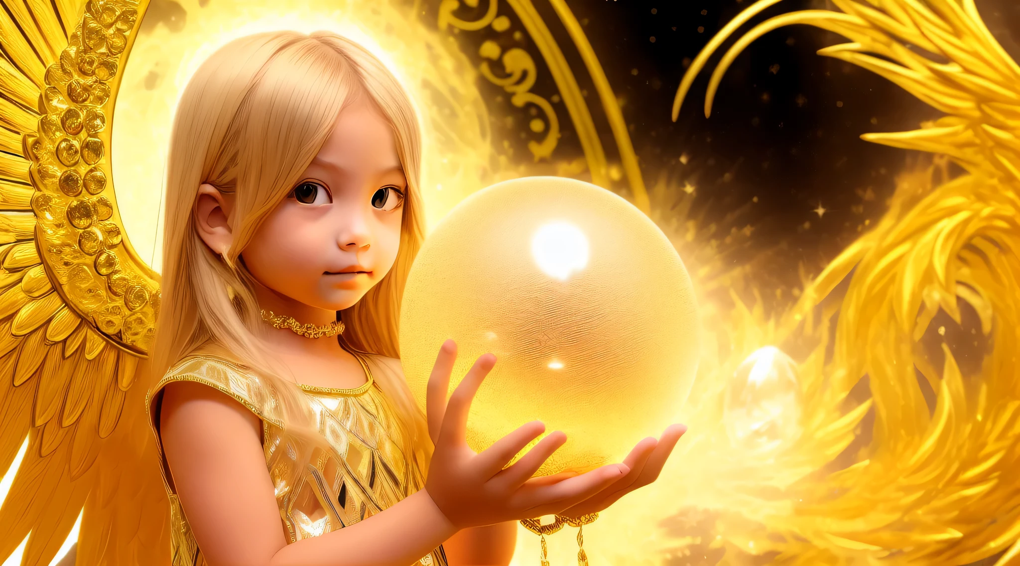 BLONDE CHILDREN GOLDEN ANGEL GIRL with a burning crystal ball in her hand. fundo vermelho