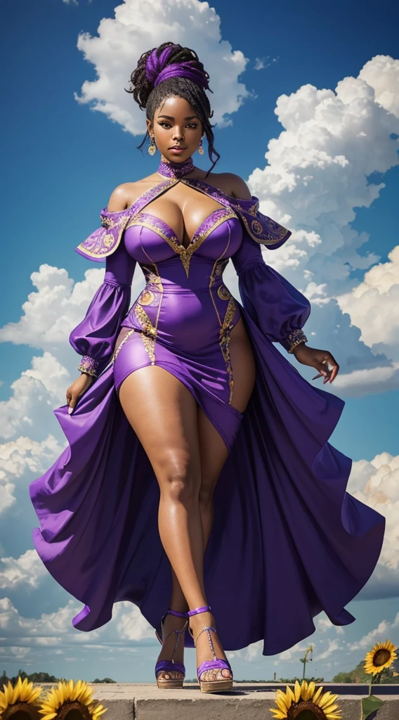 Here is my image for a remix that someone shared...I think it was here....
Prompt: create a High Society, Beautiful, iridescent, fluid, Deep colors of purple and gold, 8k hyper detailed, highly intricate of a curvy plus size chibi afrocentric woman, whose dress is intertwining with clouds, sunflowers and wind, as it extends from the clouds, transforming it's wind into a dress that covers her figure, while she begins to walk, wearing florescent purple gladiator heels avant-garde, 5th dimensional