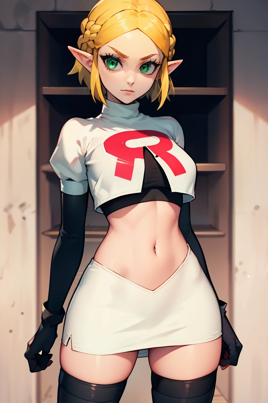 Zelda, green eyes, short hair ,team rocket,team rocket uniform, red letter R, white skirt,white crop top,black thigh-high boots ,black elbow gloves, sinister villianess look,