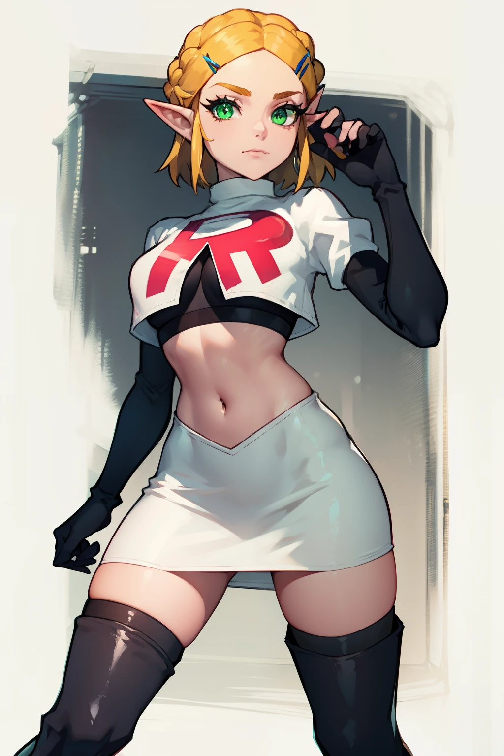 Zelda, green eyes, short hair ,team rocket,team rocket uniform, red letter R, white skirt,white crop top,black thigh-high boots ,black elbow gloves, sinister villianess look,