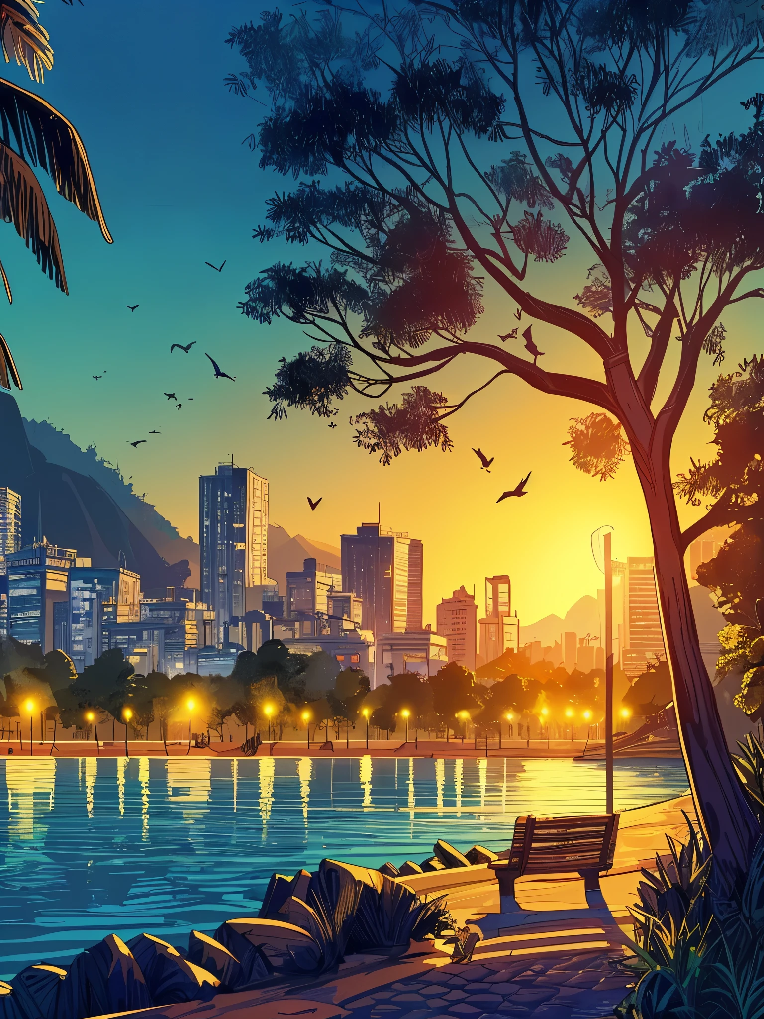 Draw cartoon art scene of Rio de Janeiro, controlled dim light, beautiful sky, vibrant colors, masterpiece, peaceful scene, no one,