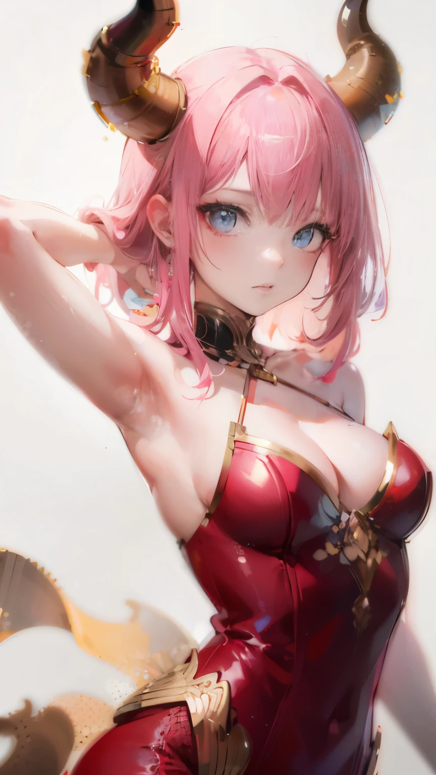 woman with pink hair and golden horns in a red dress, drawn in the style of artgerm, extremely detailed artgerm, in style of artgerm, ig model | artgerm, artgerm julie bell beeple, artgerm detailed, style artgerm, artgerm and rossdraws, artgerm jsc