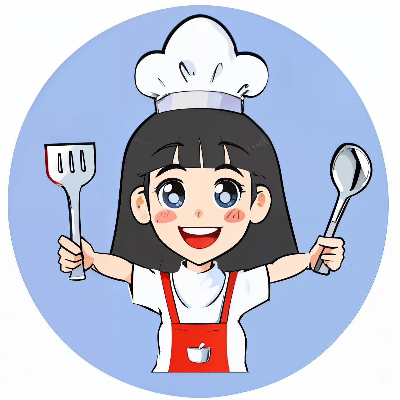 cartoon girl with chef hat holding a spoon and a fork, ( waitress ) girl, cook, cooking, happy chef, cooking show, best chef, wearing an apron, cuisine, dressed as a pastry chef, wearing white chef hat, white apron, chef hat, spatula, various pose, cooked, dish, fork fork fork, delicious, gourmet cooking, serving body