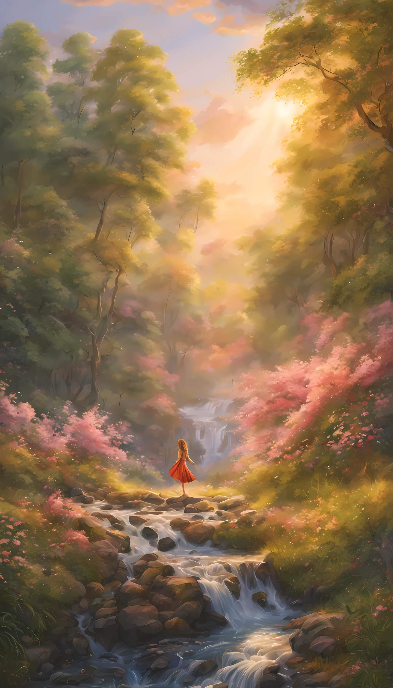 Beautiful forest, at sunrise, Has realistic colors, blossom flower, a lot of tree, Rochas, A beautyful girl,grassy, Crystal clear streams, waterfall man.
