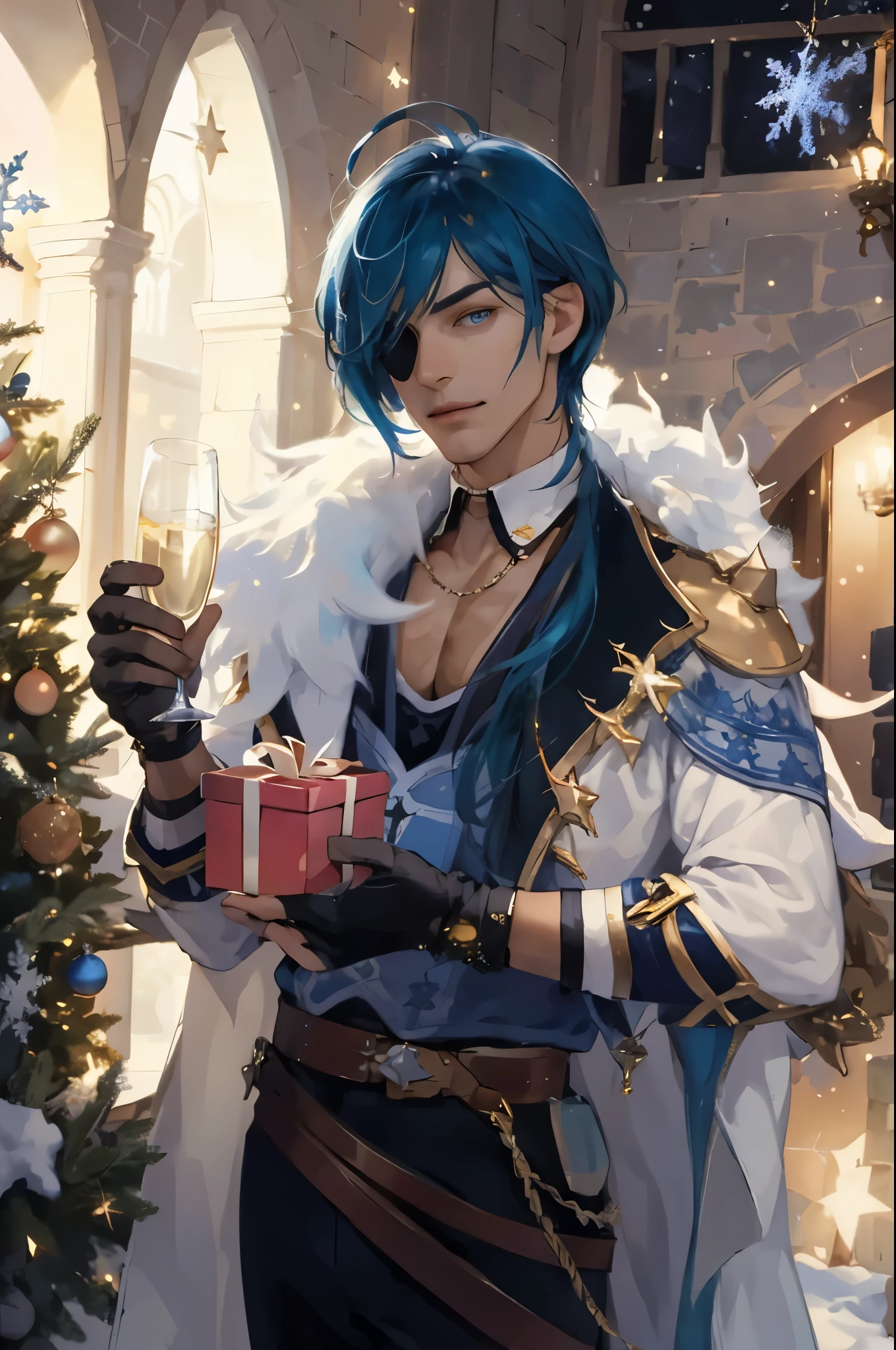 V0id3nergy, extremely delicate and beautiful, Amazing, finely detail, masterpiece, ultra-detailed, highres,best illustration, best shadow,intricate,sharp focus, high quality, 1 male solo, mature, handsome, tall muscular guy, broad shoulders, blue hair flowing with the wind, blue right eye, eyepatch, blue and white clothes,  high quality,christmas tree,christmas and new year decorations, outside, snowy night, snow, light garlands, old stone castle wall, stars and lights and sparkles, medieval castle, champagne glass, gift box