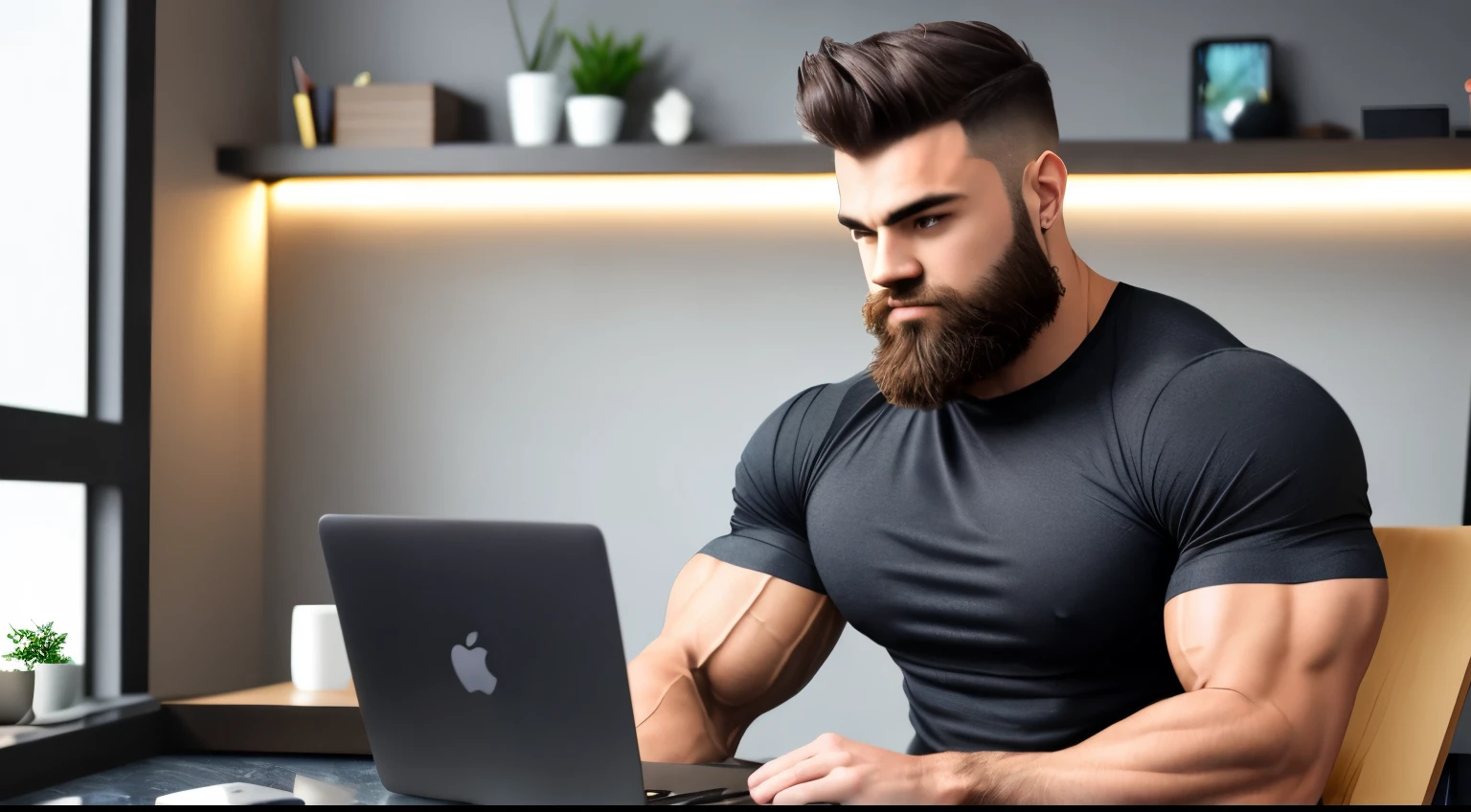 a very muscular man sitting in front of his macbook, beard, muscles, masterpiece, epic, best quality, 8k, wide shoulders, short hair, dark tones, modern apartment, gray tshirt, modern desk with black marble, led lights, dark tones