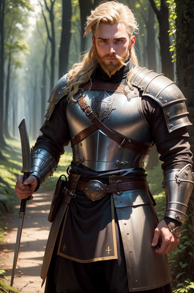 (best quality, highres, masterpiece:1.2), ultra-detailed, realistic:1.37, HDR, studio lighting, physically-based rendering, extreme detail description, professional, vivid colors, bokeh, portraits, forest, medieval, young man, knight, chainmail, short blonde hair with gradient, full beard, smoking cigarette, holding axe with both hands.
Be aware of:Replace the keyword pronounced Jovem with Young Man,Replace the keyword pronounced templário with knight,English words will be used to describe the clothing、Hairstyles、Cigarettes and weapone aware of:Make sure punctuation、Label and exception completeness and in descending order of importance, big bulge