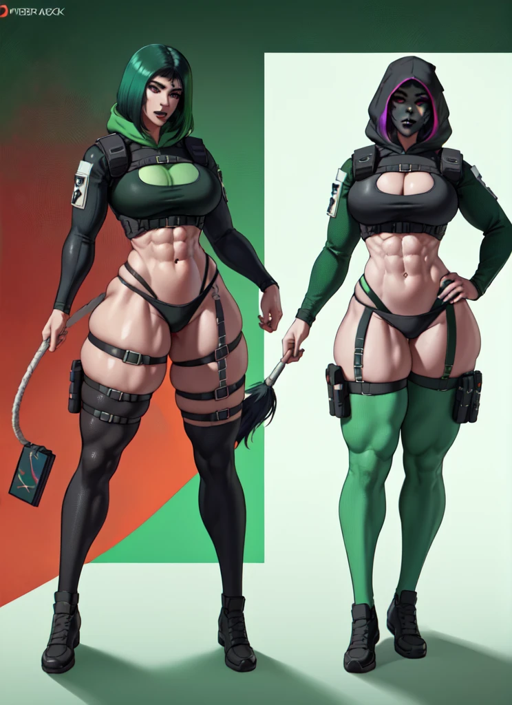 ela_(rainbow_six_siege), masterpiece, best quality, green hair,1girl, beautiful, perfect lighting, muscular, thighs, mature female, milf, navel, abdominals, looking at the viewer (masterpiece, high quality: 1.1) witch rpg, dark makeup, pale skin, black hood, leg muscles, long hair, tightlack red landscape)