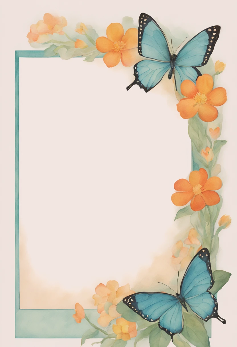 art nouveau , Letter Writing Paper Sheets Floral Border, delicate, Flowers and butterflies, sketching, aquarelle modern