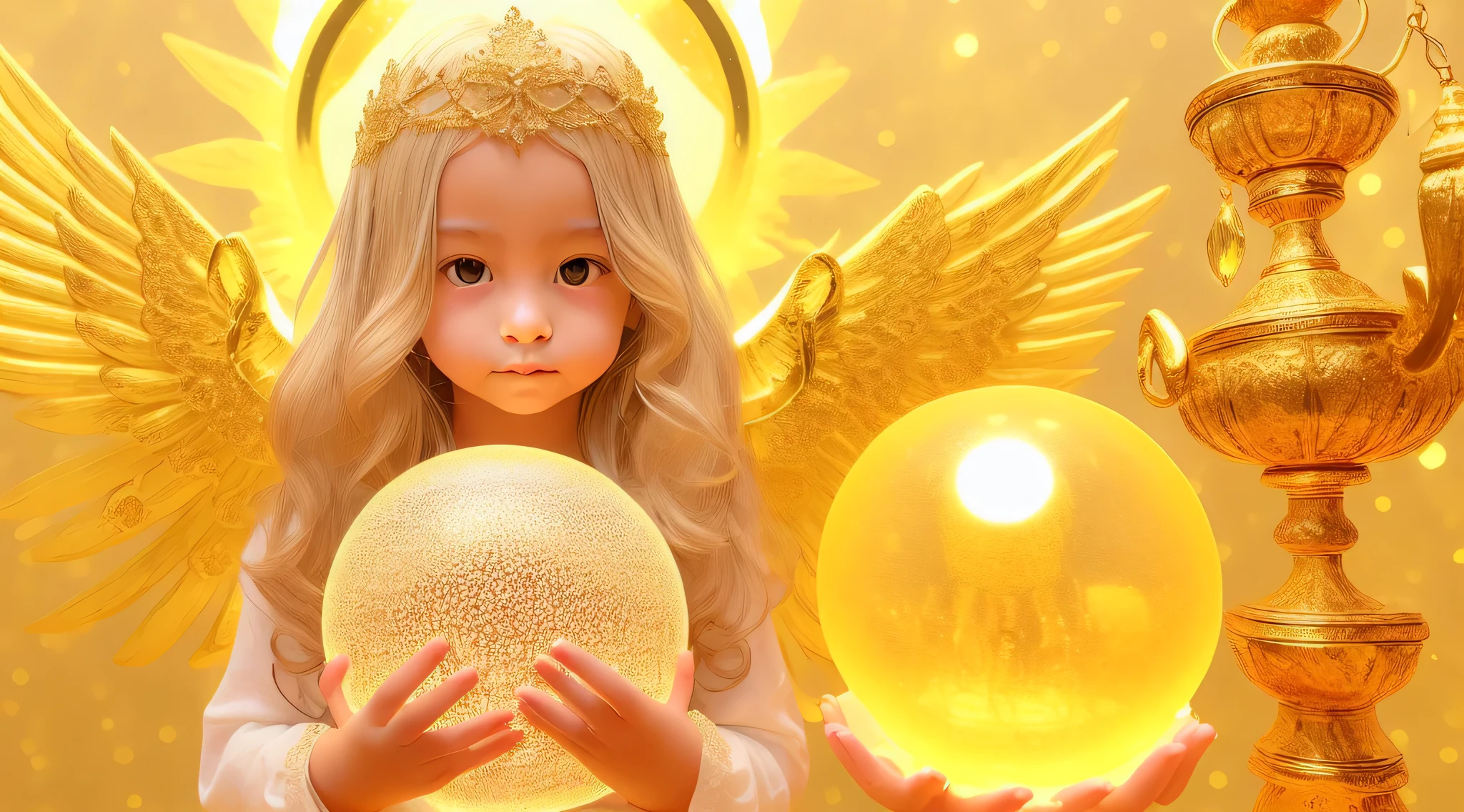 BLONDE CHILDREN GOLDEN ANGEL GIRL with a burning crystal ball in her hand. fundo vermelho