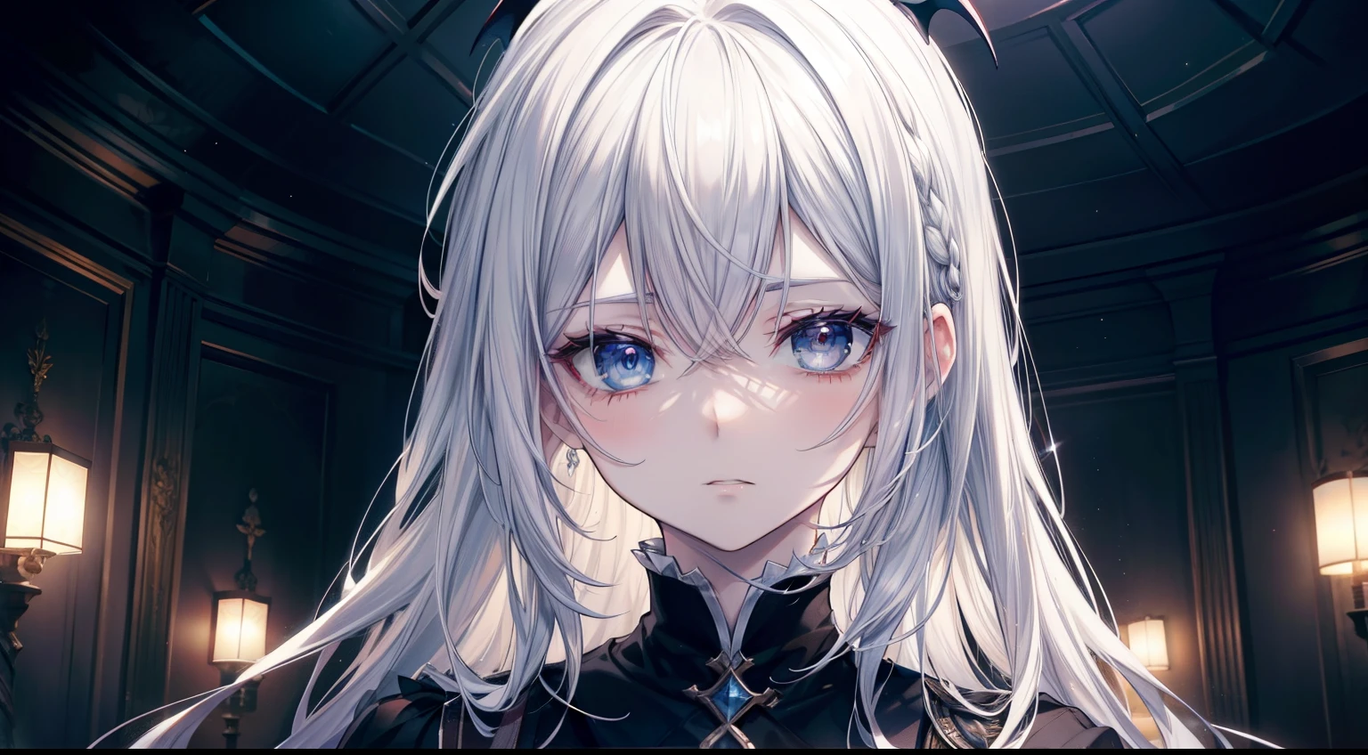 (masutepiece, Best Quality), Intricate details, 8K, Sharp focus quality) (Detailed skin:1.3) (Intricate details) (8K) (Detailed eyes) (Anime) Man's character, Soft hair, Long hair, White hair, Light blue eyes, Man's, Anime Man's, frontage, 素敵なMan's子, Perfect face, Detailed eyes, Bold background, Detailed accessories, Unique costumes, Sharp eyes, Man's, A young man, Idol, dark color, pale skin, Vampire, tusk, Defined features, Model, Gothic, Symbolism, Comfortable clothing, Dark room, Cluttered room, Indoors, Detailed background, Bold colors, bold outline, Sharp face, Nighttime, Night, Pose, Handsome, sleepy, Tired, drooing eyes