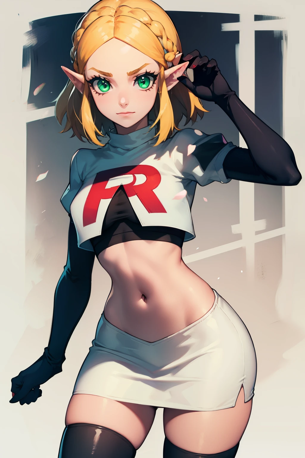 Zelda, green eyes, short hair ,team rocket,team rocket uniform, red letter R, white skirt,white crop top,black thigh-high boots ,black elbow gloves, sinister villianess look,