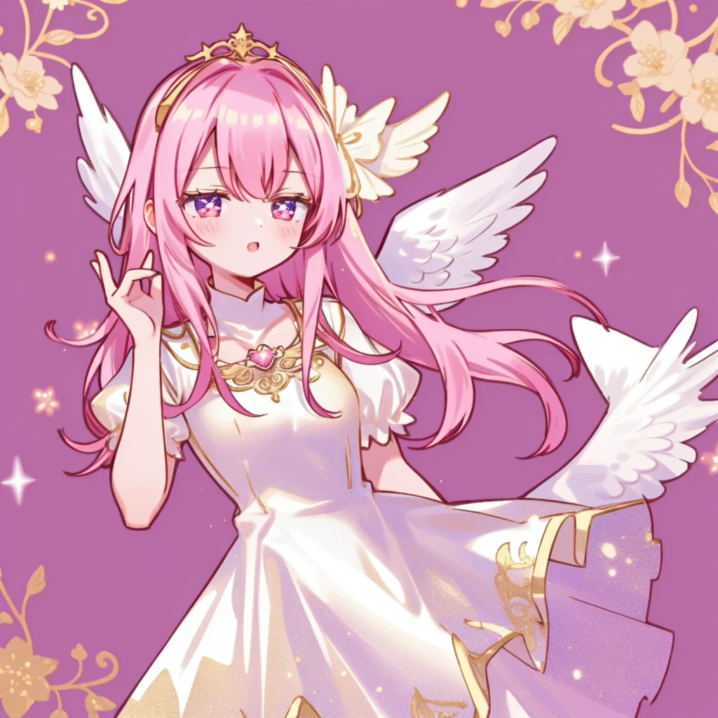 1girl,fantasy angelic pink tiara white and gold newyears dress,kawaii, heaven like background,