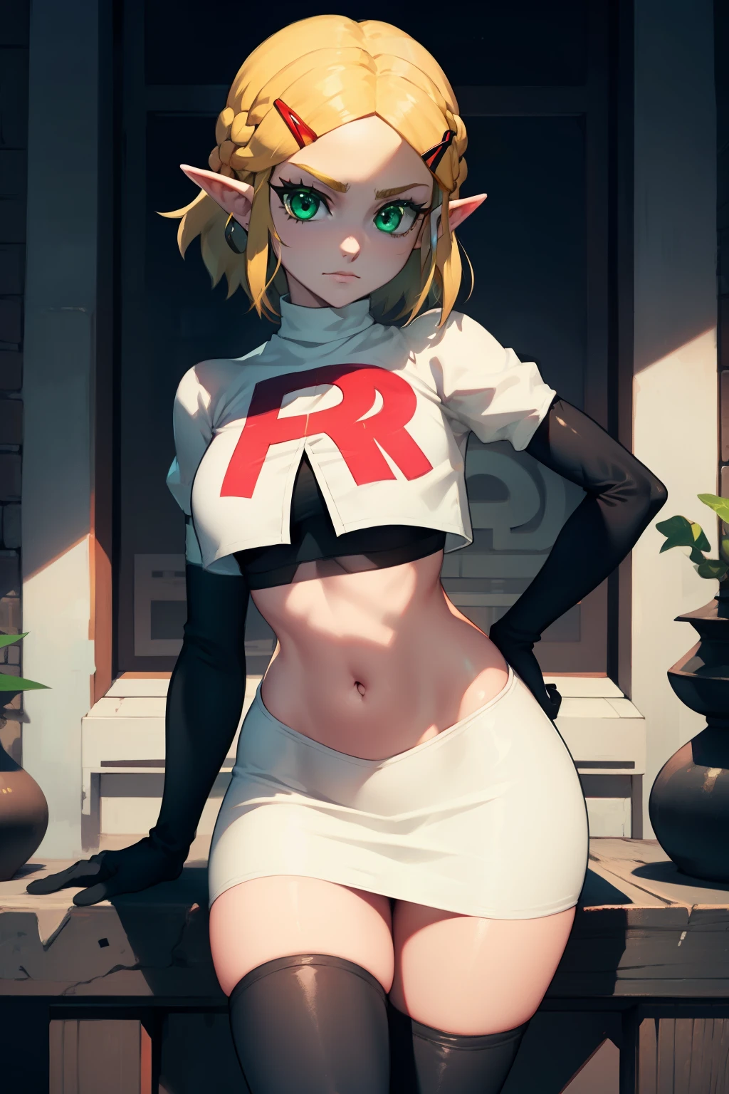 Zelda, green eyes, short hair ,team rocket,team rocket uniform, red letter R, white skirt,white crop top,black thigh-high boots ,black elbow gloves, sinister villianess look,