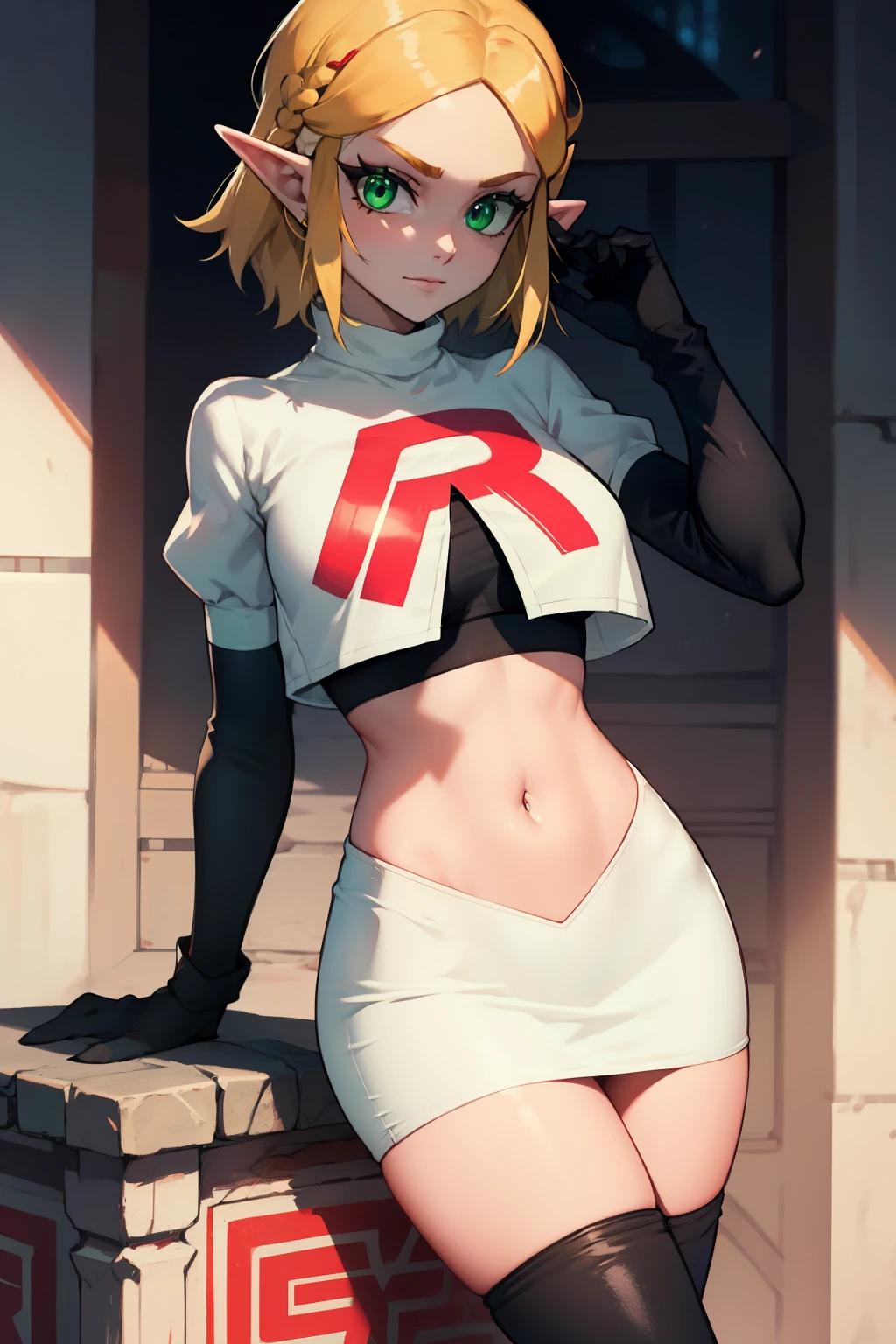 Zelda, green eyes, short hair ,team rocket,team rocket uniform, red letter R, white skirt,white crop top,black thigh-high boots ,black elbow gloves, sinister villianess look,