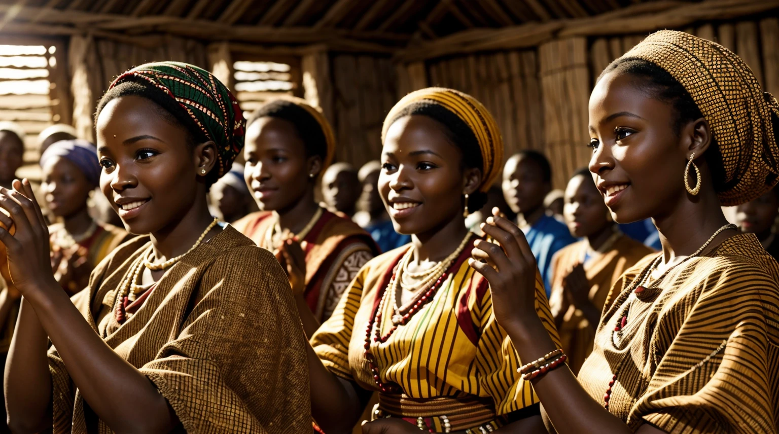 Ultra-realistic photograph of African Villagers dancing in communion, they are wearing Traditional attire with beautiful patterns. Cinematic lighting, perfect textures, realistic face quality