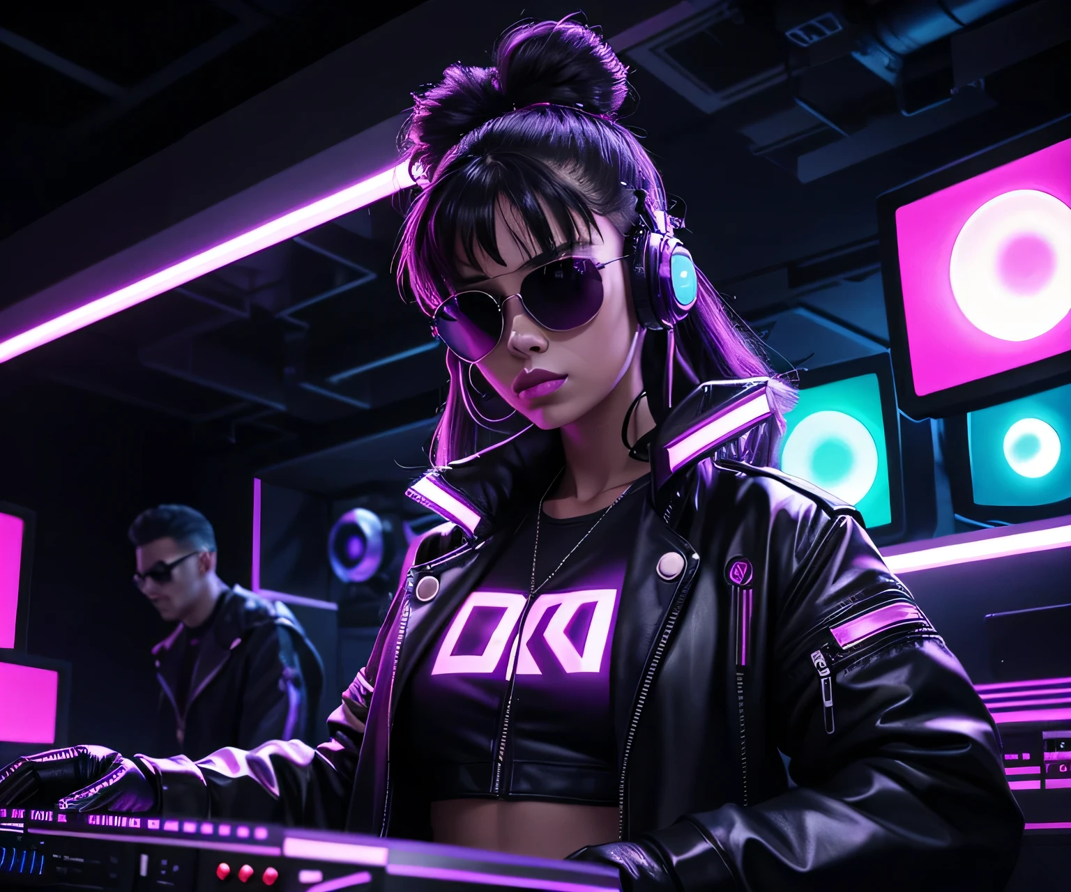 "Cyberpunk DJ girl with cool head set, front view ,cool open jacket and crop top shirt, rocking sun glasses, two big LED glowing loudspeakers on each side, with a large tv screen on the wall, immersed in a purple neon-lit environment, vinyl record on turntable with music mixer and turntable in front of her, exuding an electrifying disco vibe in a futuristic night club."