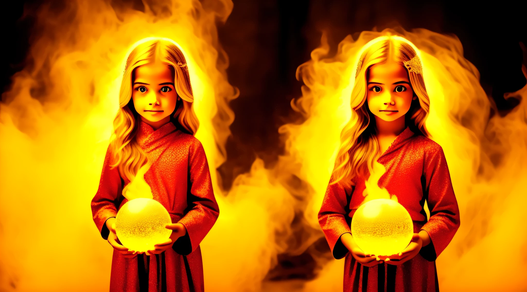 BLONDE CHILDREN GOLDEN ANGEL GIRL with a burning crystal ball in her hand. fundo vermelho