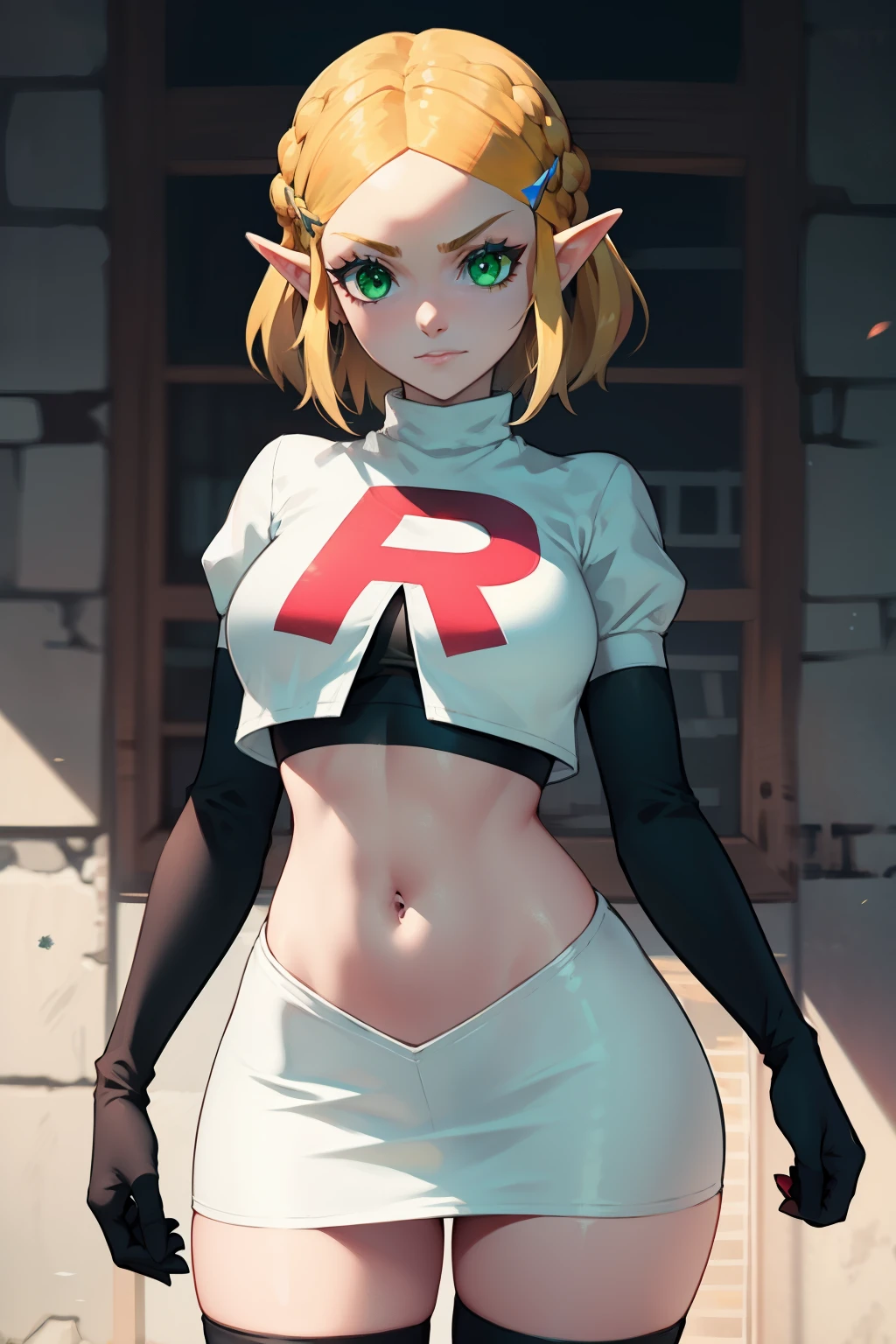 Zelda, green eyes, short hair ,team rocket,team rocket uniform, red letter R, white skirt,white crop top,black thigh-high boots ,black elbow gloves, sinister villianess look,