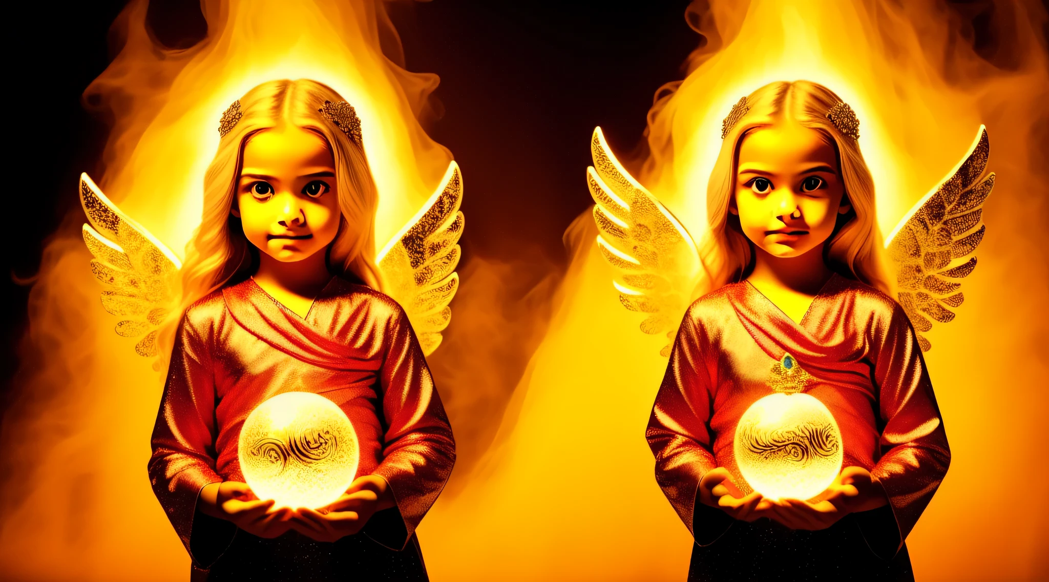 BLONDE CHILDREN GOLDEN ANGEL GIRL with a burning crystal ball in her hand. fundo vermelho