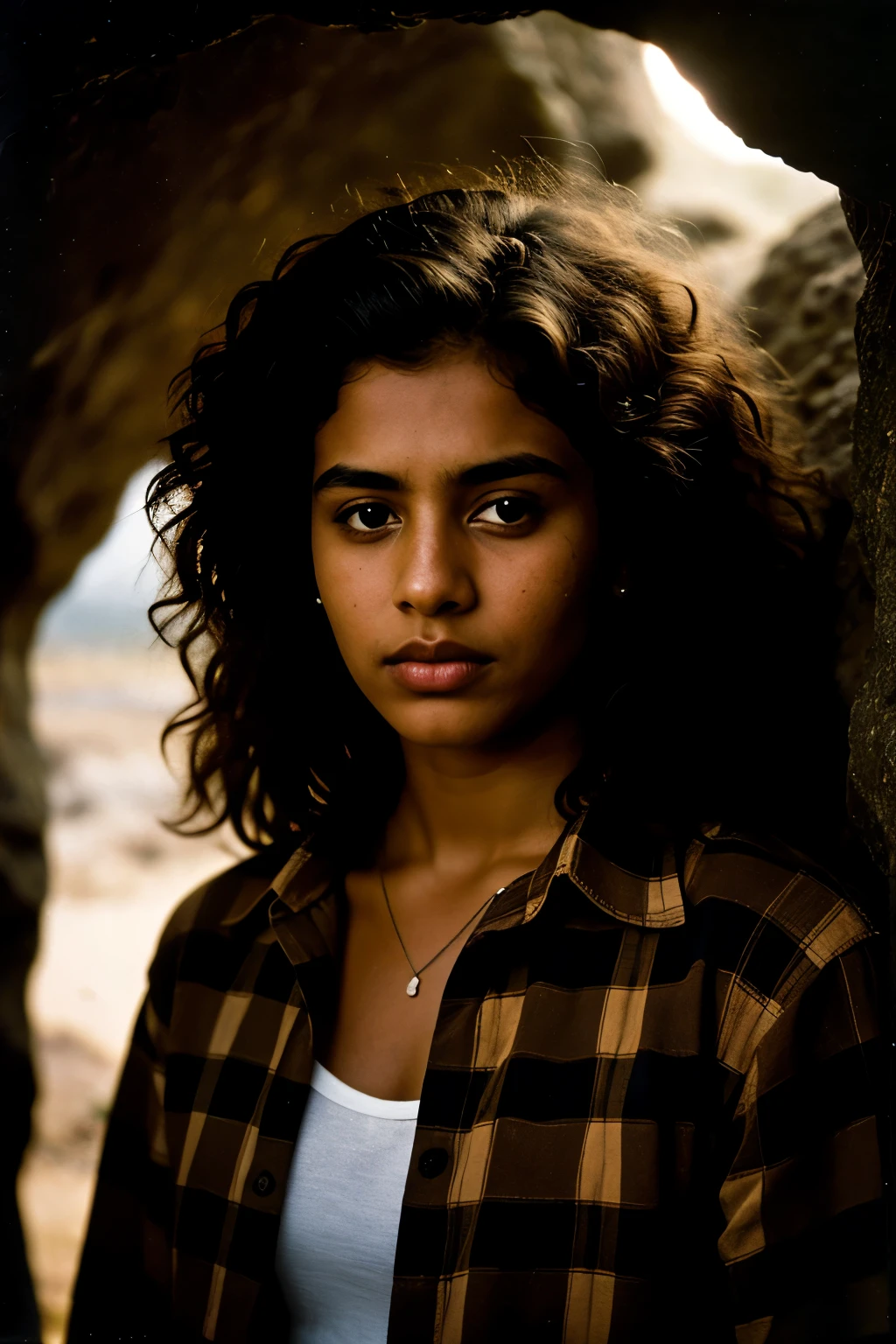 photograph of a brown woman, (troubled facial expression), textured skin, goosebumps, blonde afro hair, plaid flannel shirt with distressed boyfriend jeans, cowboy shot, dark and mysterious cave with unique rock formations and hidden wonders, perfect eyes, (candlelight,chiaroscuro), Porta 160 color, shot on ARRI ALEXA 65, bokeh, sharp focus on subject, shot by Don McCullin
