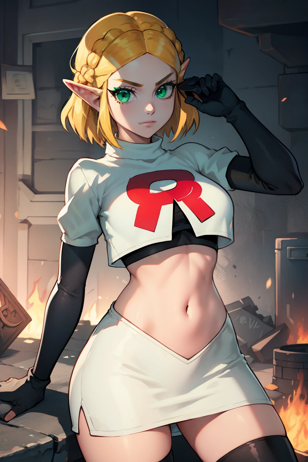 Zelda, green eyes, short hair ,team rocket,team rocket uniform, red letter R, white skirt,white crop top,black thigh-high boots ,black elbow gloves, sinister villianess look,