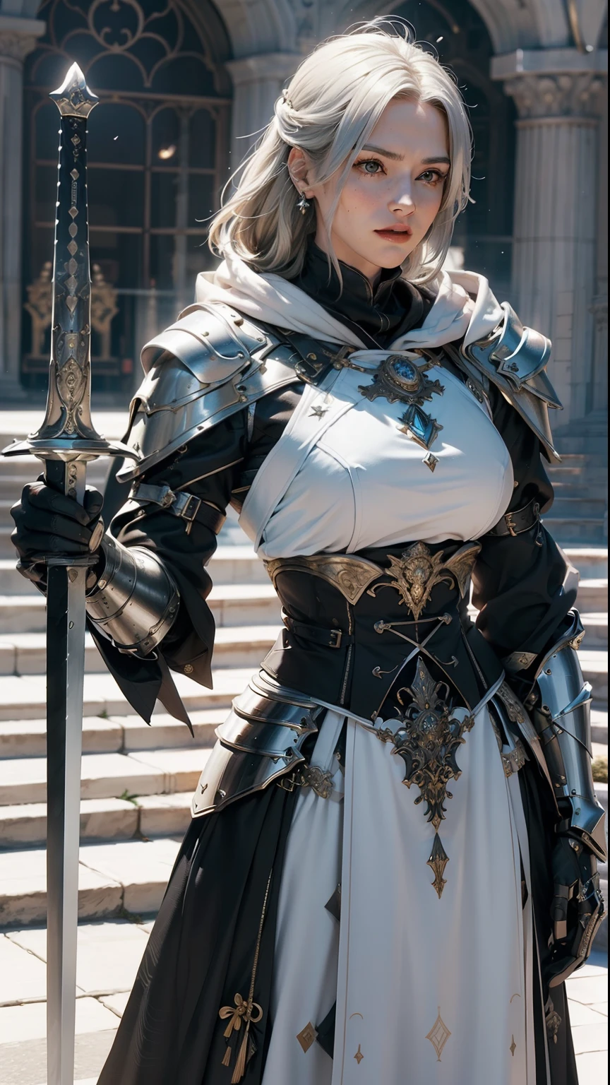 （（best qualtiy））， （（tmasterpiece））， （The is very detailed：1.3），3D，retro medieval style，Handsome female warrior wearing  silver-white armor，Carrying his own sword at his waist，The short, ear-length hair is slightly flowing and thick.，A cloak hangs on the back，Kingsguard，cavalier