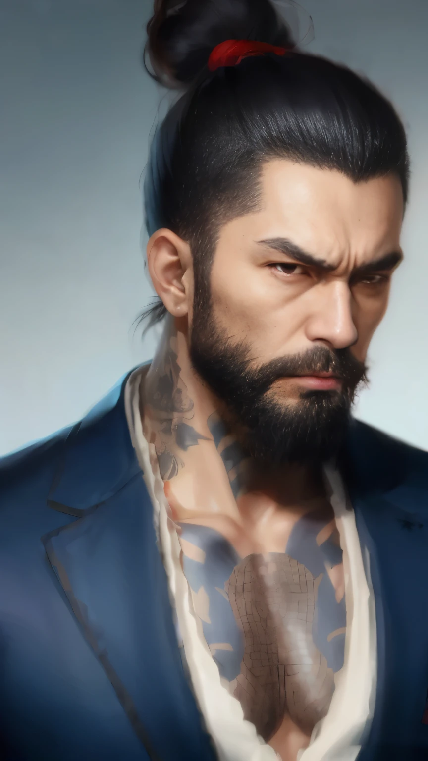 anime character with a bald head and a beard in a blue suit, yakuza tattoo on body, from arknights, d cg, anti-aliased, topknot, pixiv daily ranking, handsome chad chin, viutiful joe, looks sad and solemn, furio tedesschi, brocade