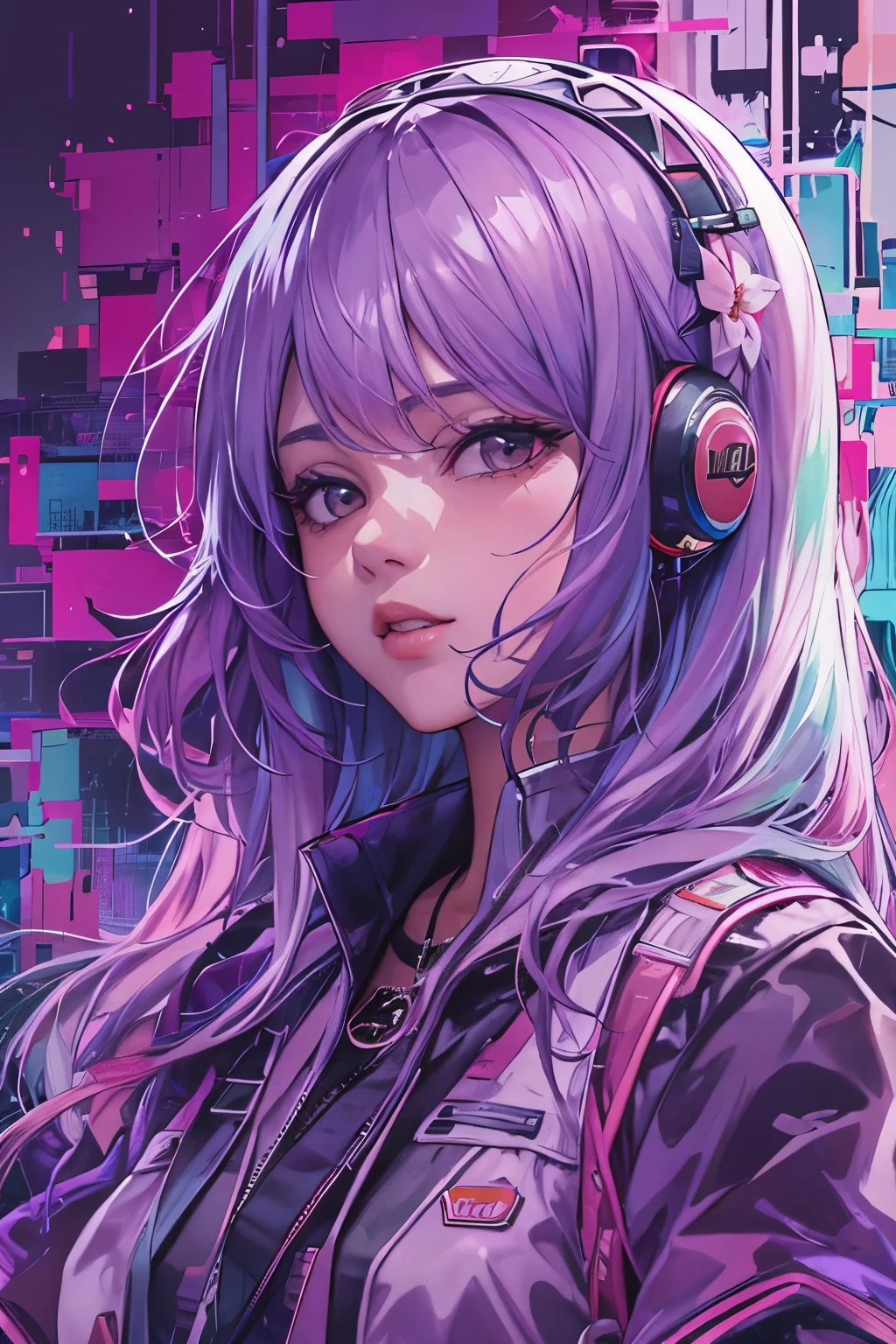 obra maestra、highest qualityr、Ultra-detallado、Arte Oficial、Beautifully aesthetic、1chica en、Arte glitch:1.5、colorido:1.5、purple color hair、largo