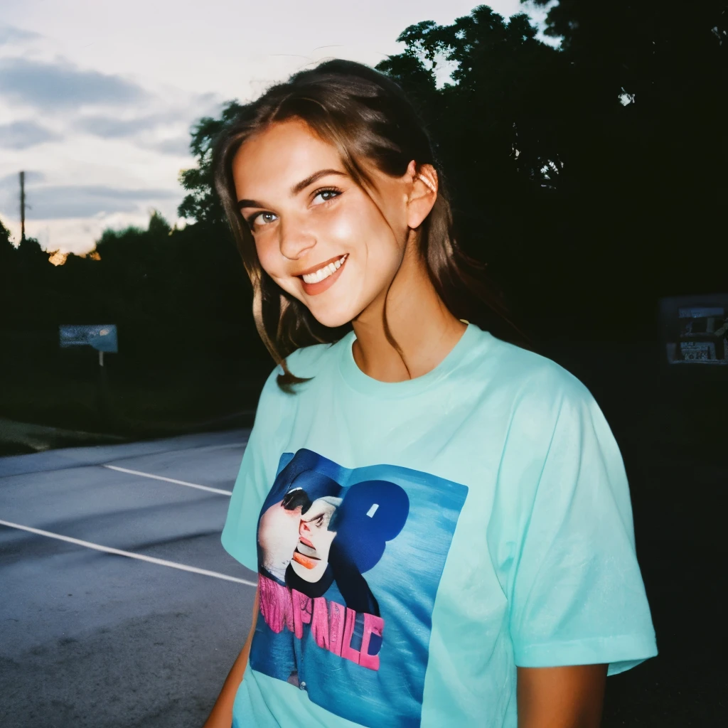 90s flash photo, public road, beautiful girl in blue t-shirt, smile face, in front of camera, realistic quality, masterpiece, raw photo, film photo,