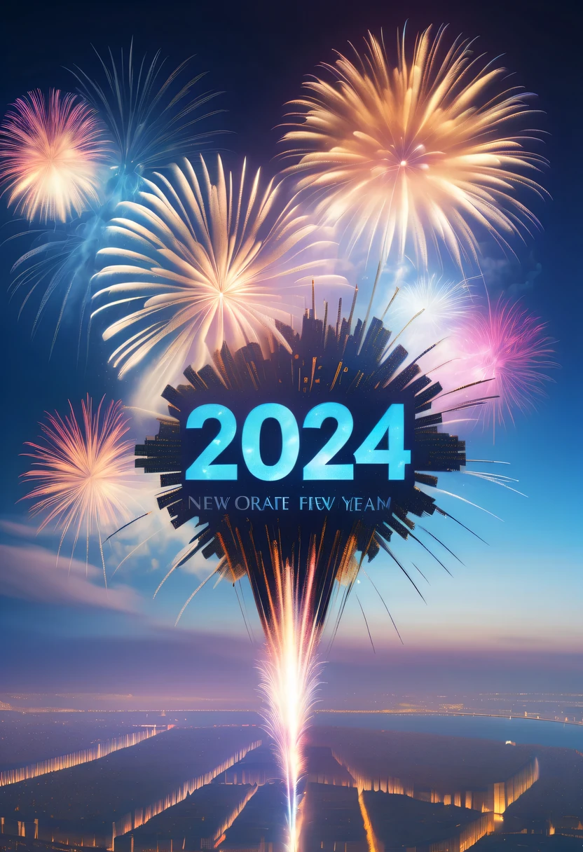 Dubrec style,Cybernetics appear in the sky.The prospect of fireworks on new year’s Eve 2024,Gorgeous fireworks,(Multiple exposure 1.8),(Digital signage,2024:1.5),technology city,artificial intelligence neuron,network matrix,new year&#39;Eve Visual Poster,Intricate poster in surreal art style,Surreal Dream new year Poster,Surreal Sci-fi new year&#39;dream poster