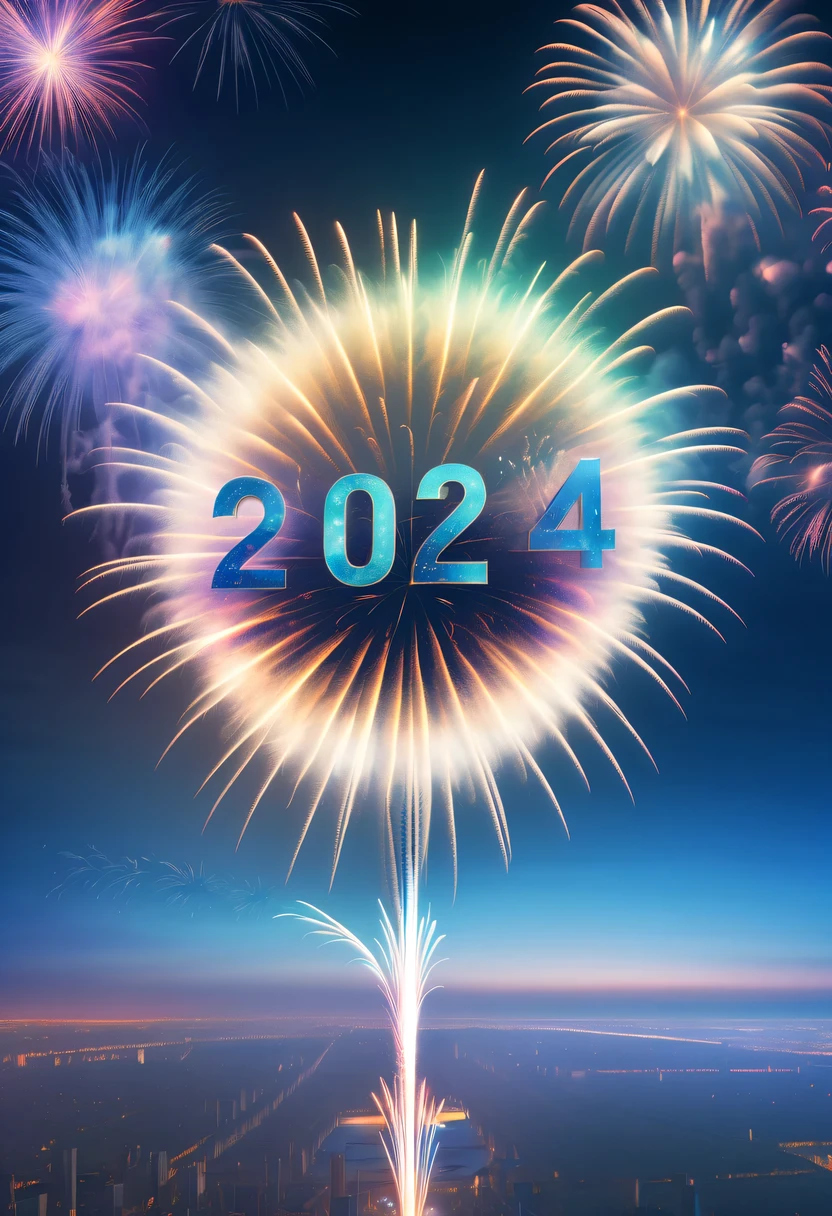 Dubrec style,Cybernetics appear in the sky.The prospect of fireworks on new year’s Eve 2024,Gorgeous fireworks,(Multiple exposure 1.8),(Digital signage,2024:1.5),technology city,artificial intelligence neuron,network matrix,new year'Eve Visual Poster,Intricate poster in surreal art style,Surreal Dream new year Poster,Surreal Sci-fi new year'dream poster