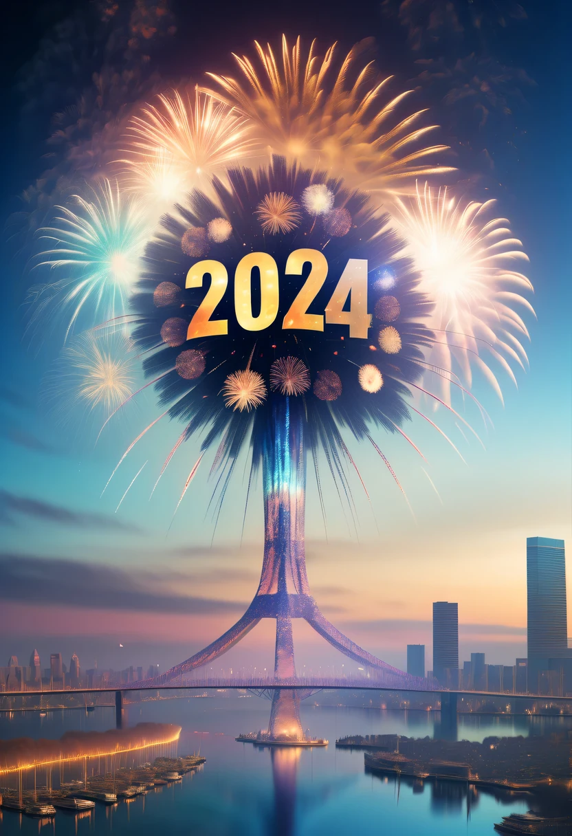 Dubrec style,Cybernetics appear in the sky.The prospect of fireworks on new year’s Eve 2024,Gorgeous fireworks,(Multiple exposure 1.8),(Digital signage,2024:1.5),technology city,artificial intelligence neuron,network matrix,new year'Eve Visual Poster,Intricate poster in surreal art style,Surreal Dream new year Poster,Surreal Sci-fi new year'dream poster
