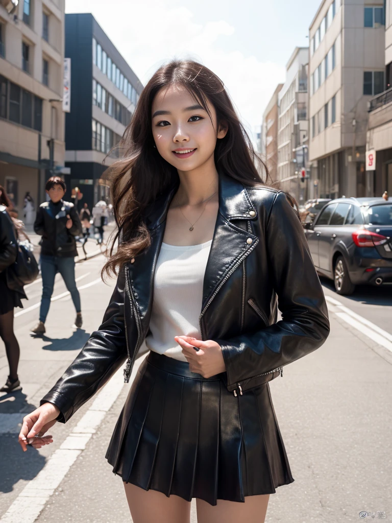 photo Realistic, masutepiece, Realistic, High contrast, hyper Detailed, Best Quality, 超A high resolution, photo Realistic, High resolution, Detailed, Raw photo, Japanese Junior High School Girl, Long hair, Black leather jacket, Long sleeves, Black micro mini skirt, Pleated skirt, black long bootle shot))), Street, Looking at Viewer, Busy city, Looking at Viewer, japanaese girl, Smile,