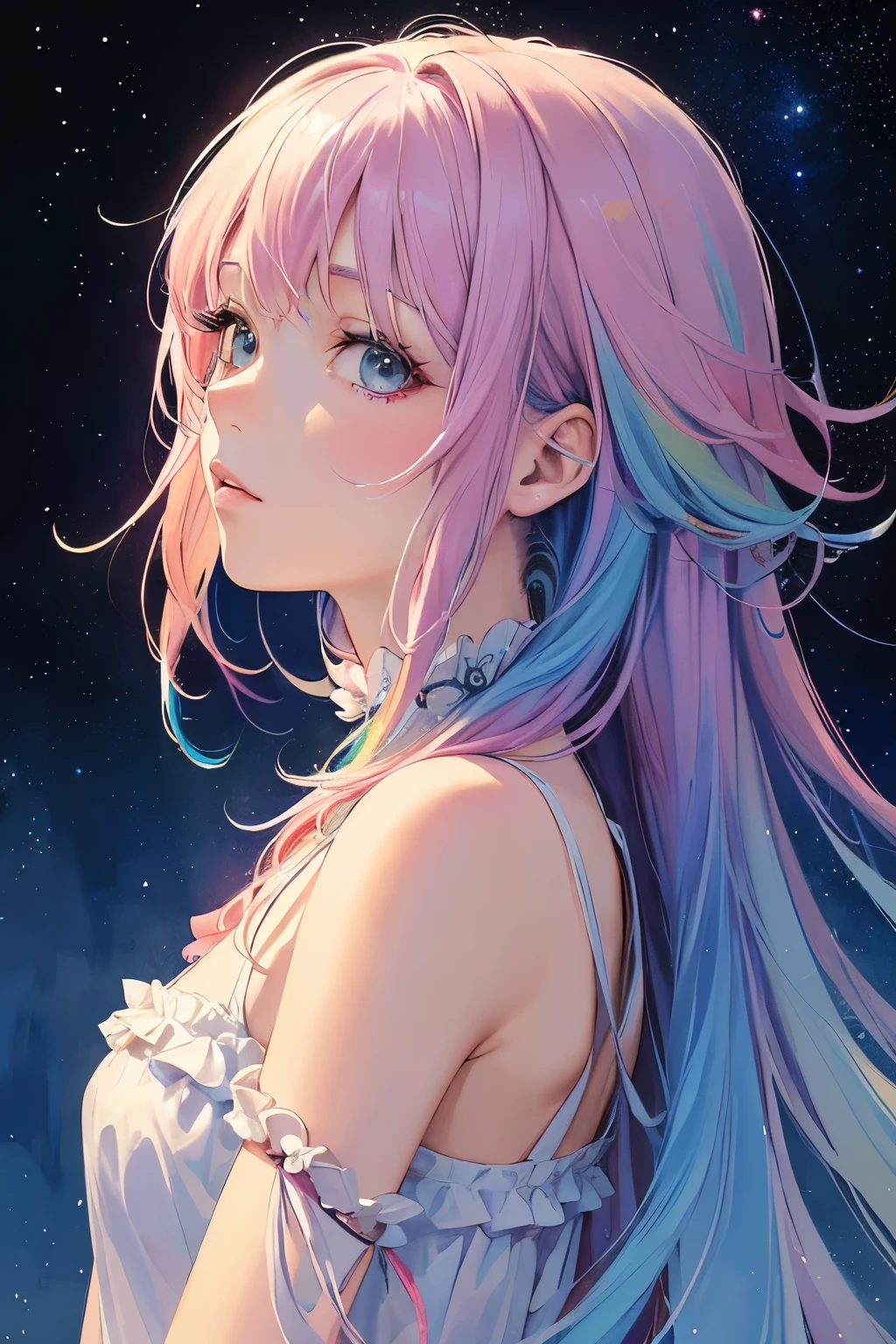 (masterpiece, top quality, best quality,watercolor (medium),official art, beautiful and aesthetic:1.2),(1girl:1.3), (fractal art:1.3),upper body, from side, looking at viewer,patterns,(rainbow color Hair,colorful hair,half blue and half pink hair:1.2),water,liquid, cloud,colorful, starry,stars,